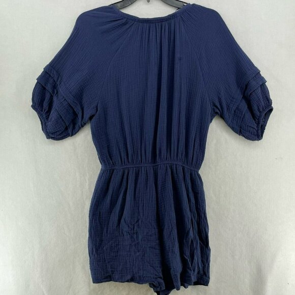 Knox Rose Romper Women's Sz M Navy Blue Lace Up Keyhole Puff Sleeve Smock Waist - Picture 3 of 14